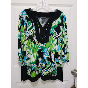 Susan Laurence Sz M 3/4 Sleeves Black/Green Abstract Women's Tunic Tops NWOT